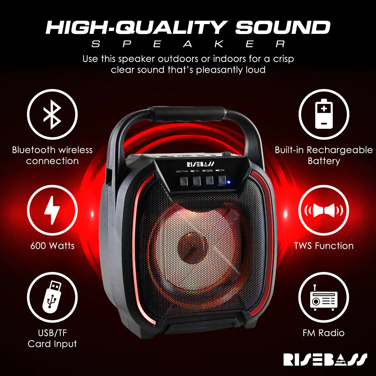8" 600 watt Speaker - Portable Wireless Bluetooth Speaker Ravenrock