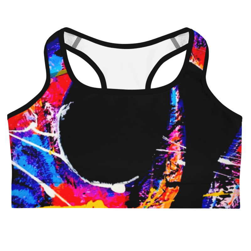 Bold 'HOOK' Sports Bra featuring colorful abstract pattern, crafted from organic, soft, and comfortable recycled fabric.
