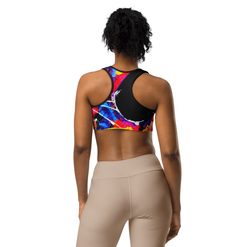 Back view of a colorful 'HOOK' Sports Bra, featuring vibrant abstract patterns and a comfortable fit, perfect for active wear.