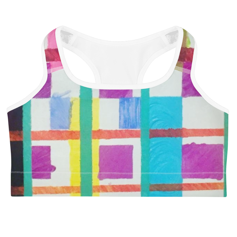 Colorful 'MODRIAN' Sports Bra featuring bold geometric patterns, crafted from soft, organic recycled fabric.