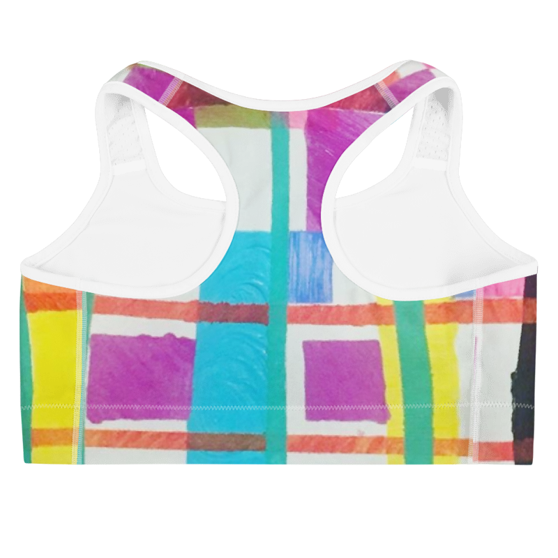 Back view of the 'MODRIAN' Sports Bra with colorful geometric pattern, crafted for comfort and style.
