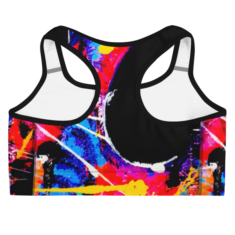 Colorful 'HOOK' Sports Bra with abstract design showcasing vibrant neon patterns and black accents, made from soft, organic fabric.